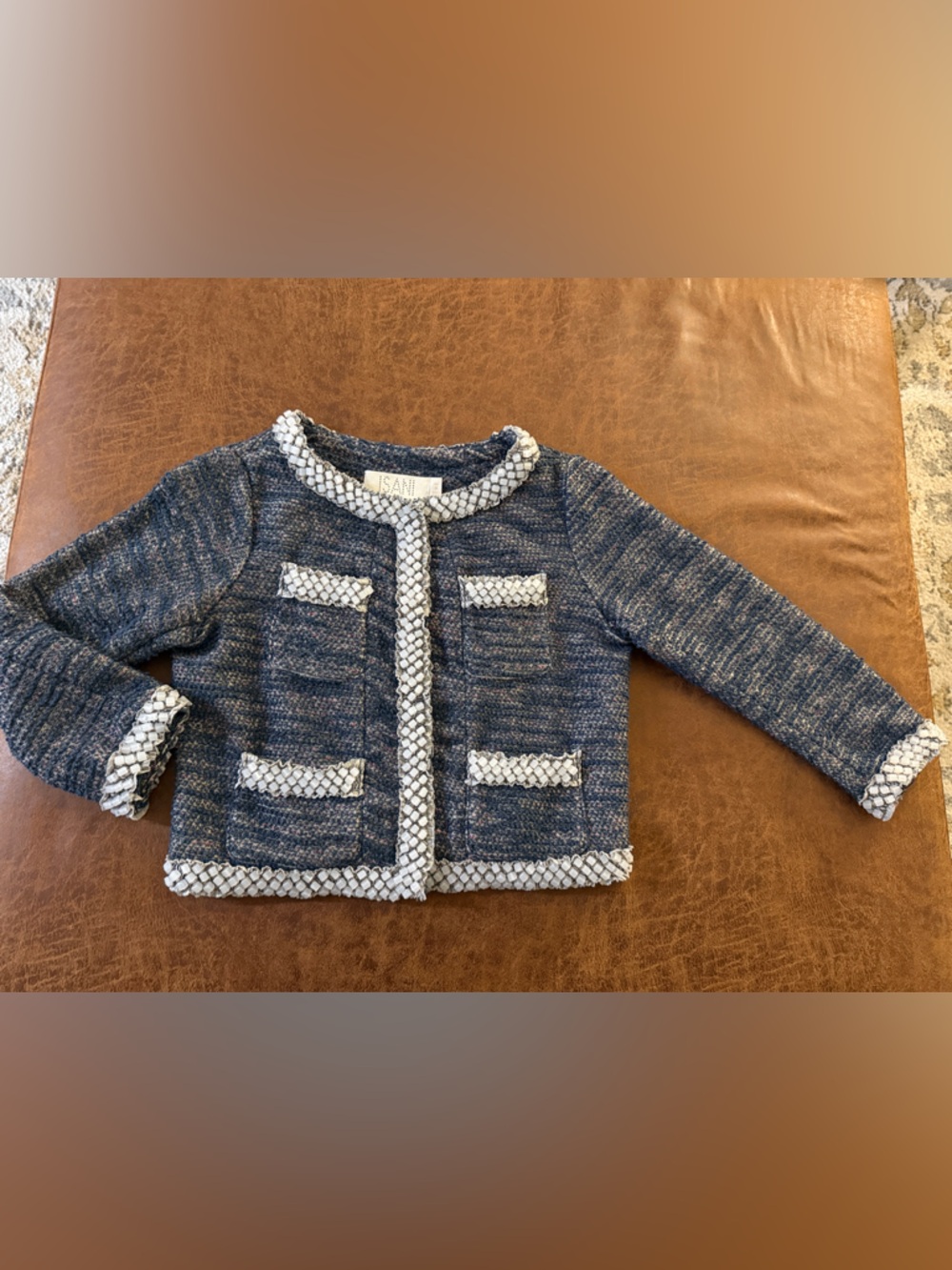 Anthropologie X ISANI Navy/Pink/White Beaded Tweed Cropped Blazer